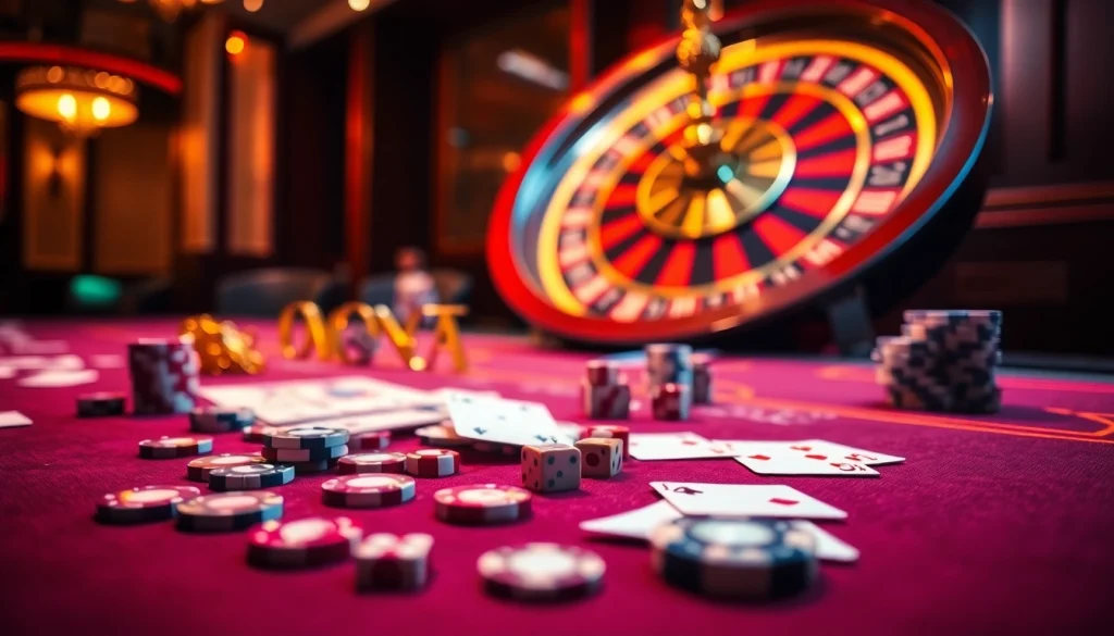 SODO casino tables brimming with excitement featuring poker chips and dice in vibrant colors.
