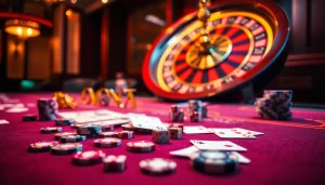 SODO casino tables brimming with excitement featuring poker chips and dice in vibrant colors.