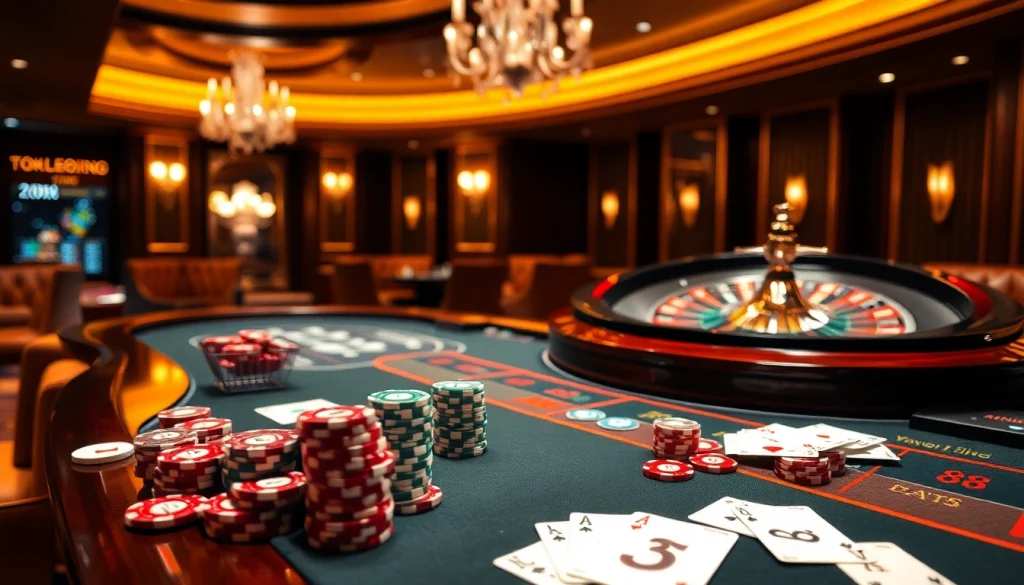 Gamblers at a luxurious casino table featuring XX 88 themed cards and chips in a vibrant atmosphere.