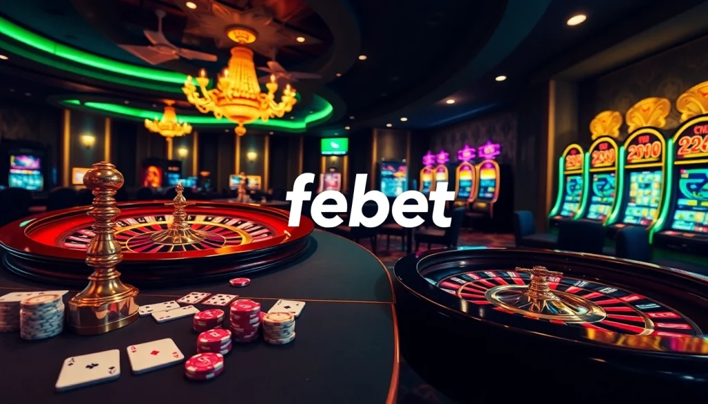 Febet offers an exciting casino experience with poker chips and roulette wheels.