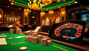 Engage in thrilling online gambling with BJ388, showcasing vibrant tables and luxurious casino elements.