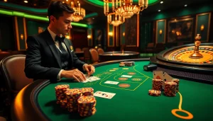 Players enjoying an engaging S8 blackjack game at a luxury casino table with glamorous decor.