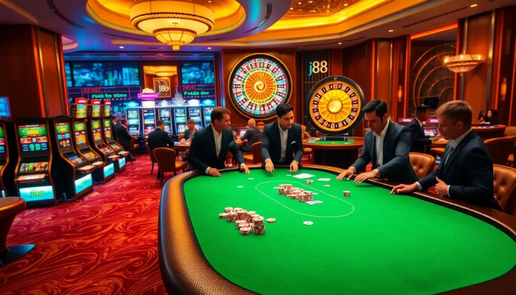 Players enjoying a thrilling poker game at j88 casino, with vibrant slots and roulette in the background.
