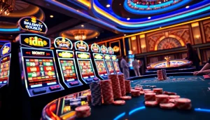 Experience the excitement of idn slot machines in a vibrant casino atmosphere filled with poker chips and engaged players.