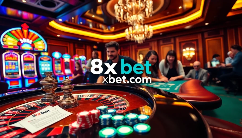 Experience thrilling games at 8xbet.com, featuring roulette and vibrant poker chips in a luxurious casino.