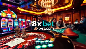 Experience thrilling games at 8xbet.com, featuring roulette and vibrant poker chips in a luxurious casino.