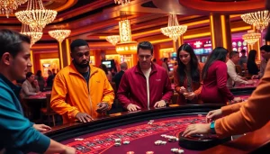 Gamblers in Essentials Tracksuits enjoying high-stakes games at a vibrant casino.
