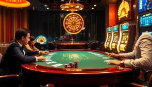 High-stakes poker game at a luxurious casino with a lively atmosphere, embracing the essence of trang chủ mmoo.