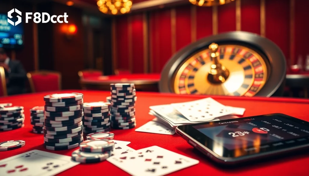 Experience thrilling action at https://f8bet.ventures/ with vibrant casino tables and exciting gambling elements.