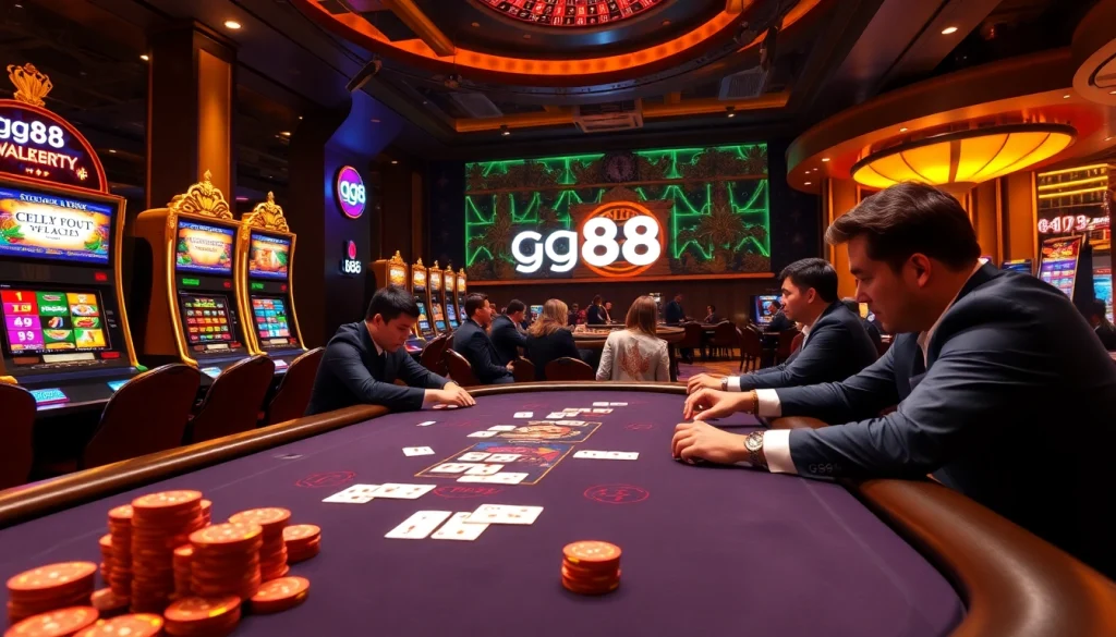 Engaging players at a luxurious casino table with gg88 branding, highlighting high-stakes poker action.