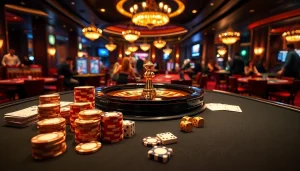 Gambling action at 789bet casino with vibrant cards, roulette wheel, and chips.