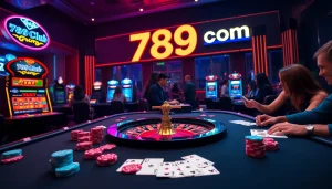 Experience the thrill of gambling at 789club com with vibrant casino elements featuring poker cards and roulette wheels.