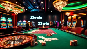 Experience the thrill of 23win with engaging casino tables and vibrant slot machines, capturing the excitement.