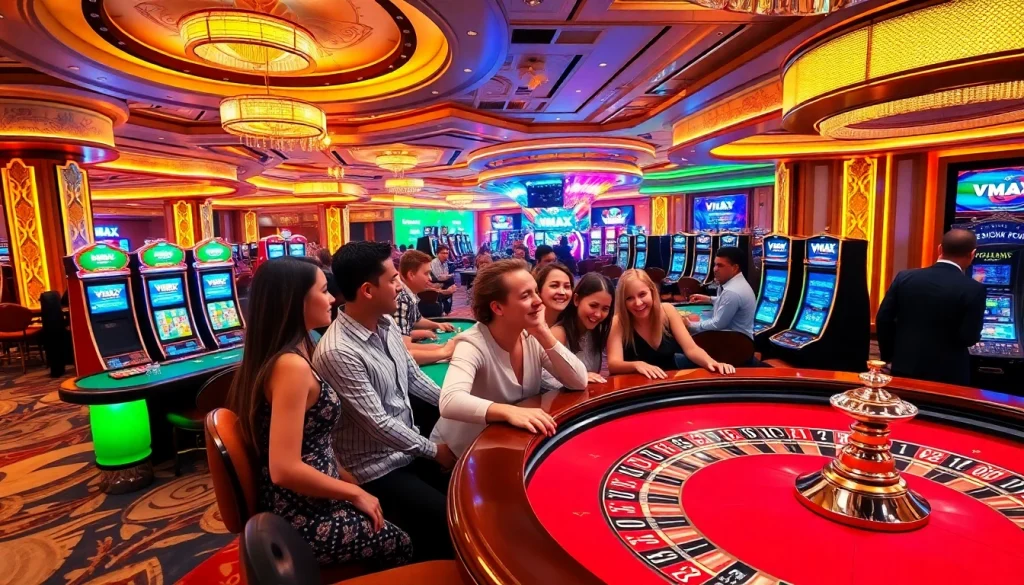 Players enjoying a thrilling game at VMAX casino with vibrant slot machines and roulette tables.