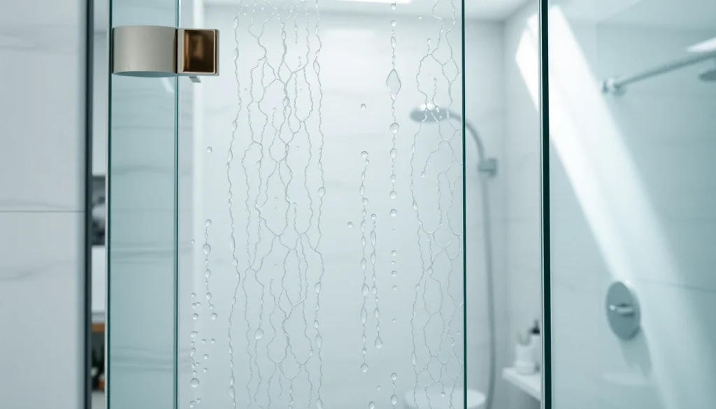 Elegant glass shower doors in a modern bathroom with sleek design elements and natural light.