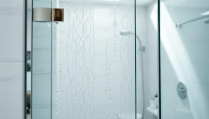 Elegant glass shower doors in a modern bathroom with sleek design elements and natural light.