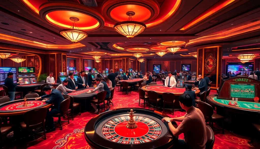 Experience the thrill of qh88 in a luxurious casino setting with vibrant tables and engaging players.