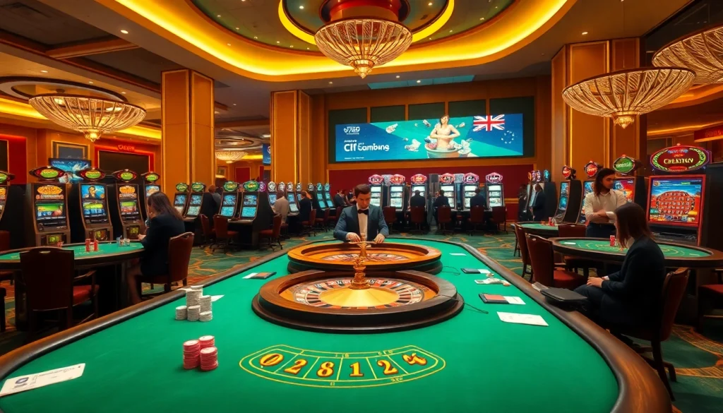 Gambling excitement at ev88.com with players enjoying a vibrant casino filled with poker tables and slot machines.