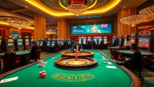 Gambling excitement at ev88.com with players enjoying a vibrant casino filled with poker tables and slot machines.