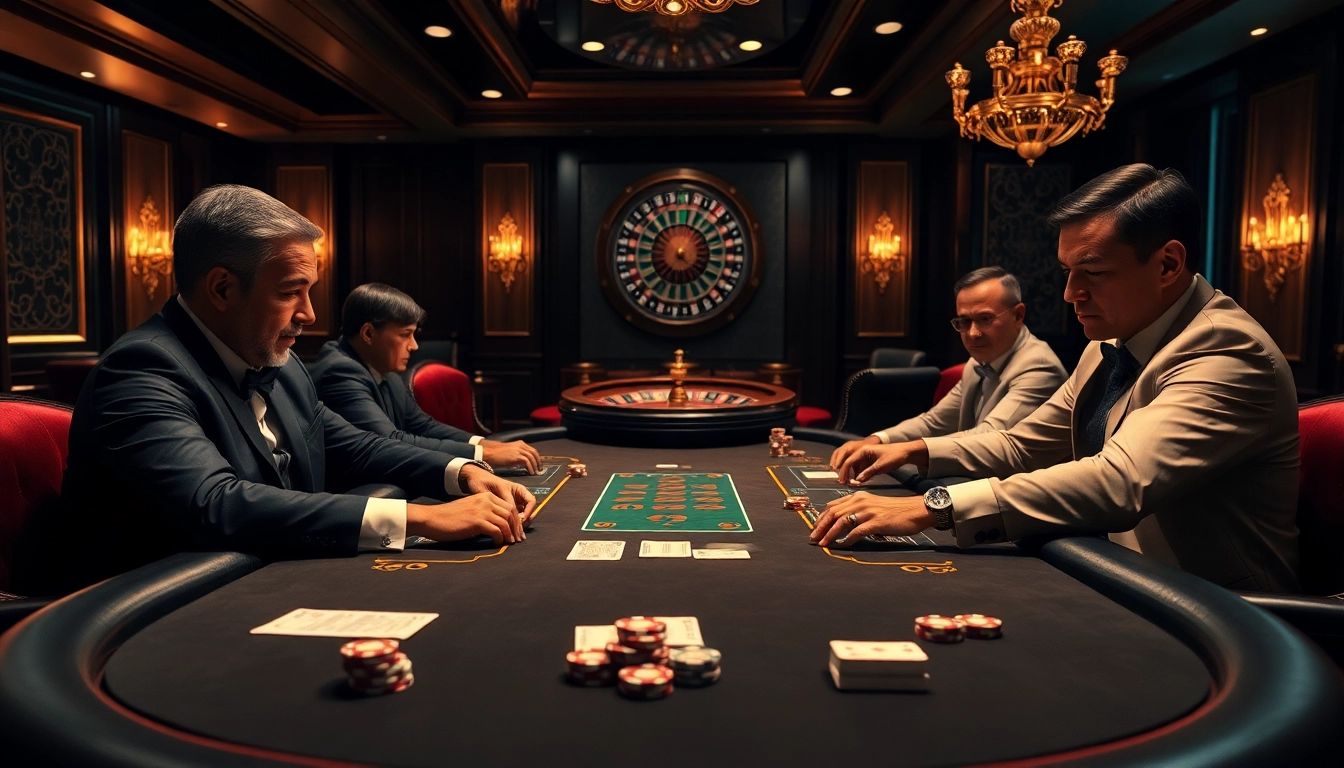 Players engaged at a high-stakes table, showcasing NK88-themed gambling excitement and strategy.