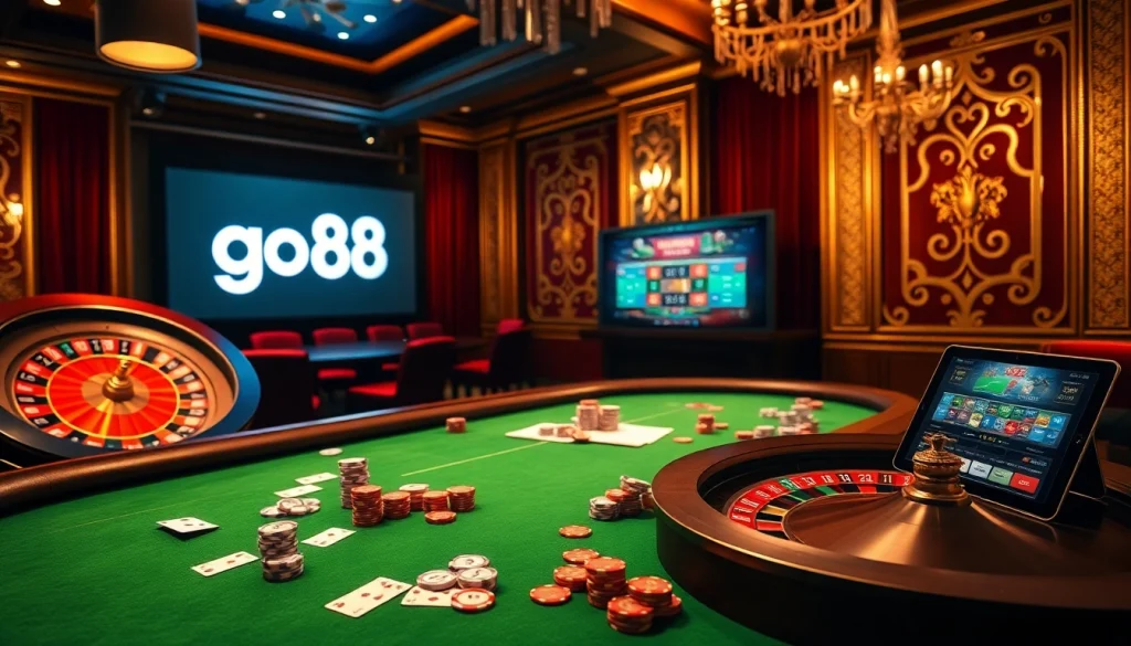 Experience thrilling gaming action at go88 with vibrant casino tables, roulette, cards, and modern interfaces.