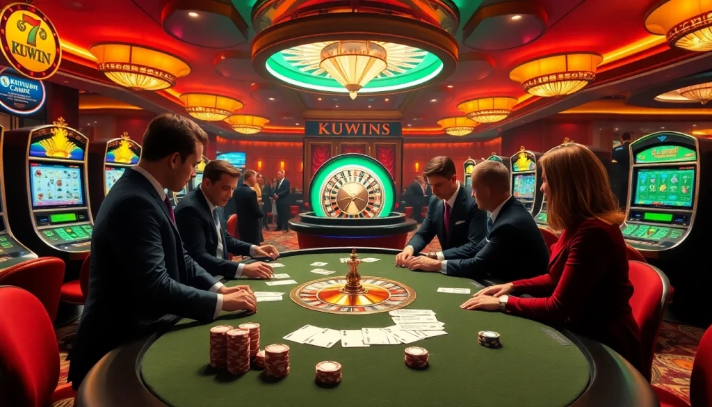 Kuwin players enjoying a thrilling poker game amidst luxurious casino decor.