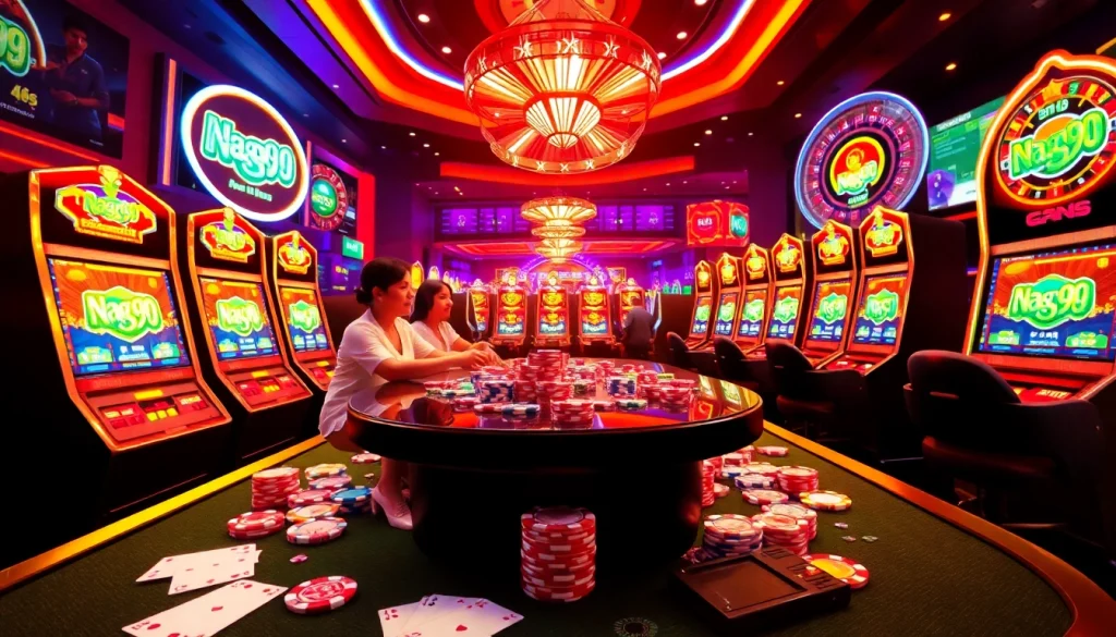 Naga99 players enjoying a lively casino atmosphere with poker chips and slot machines.