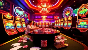 Naga99 players enjoying a lively casino atmosphere with poker chips and slot machines.