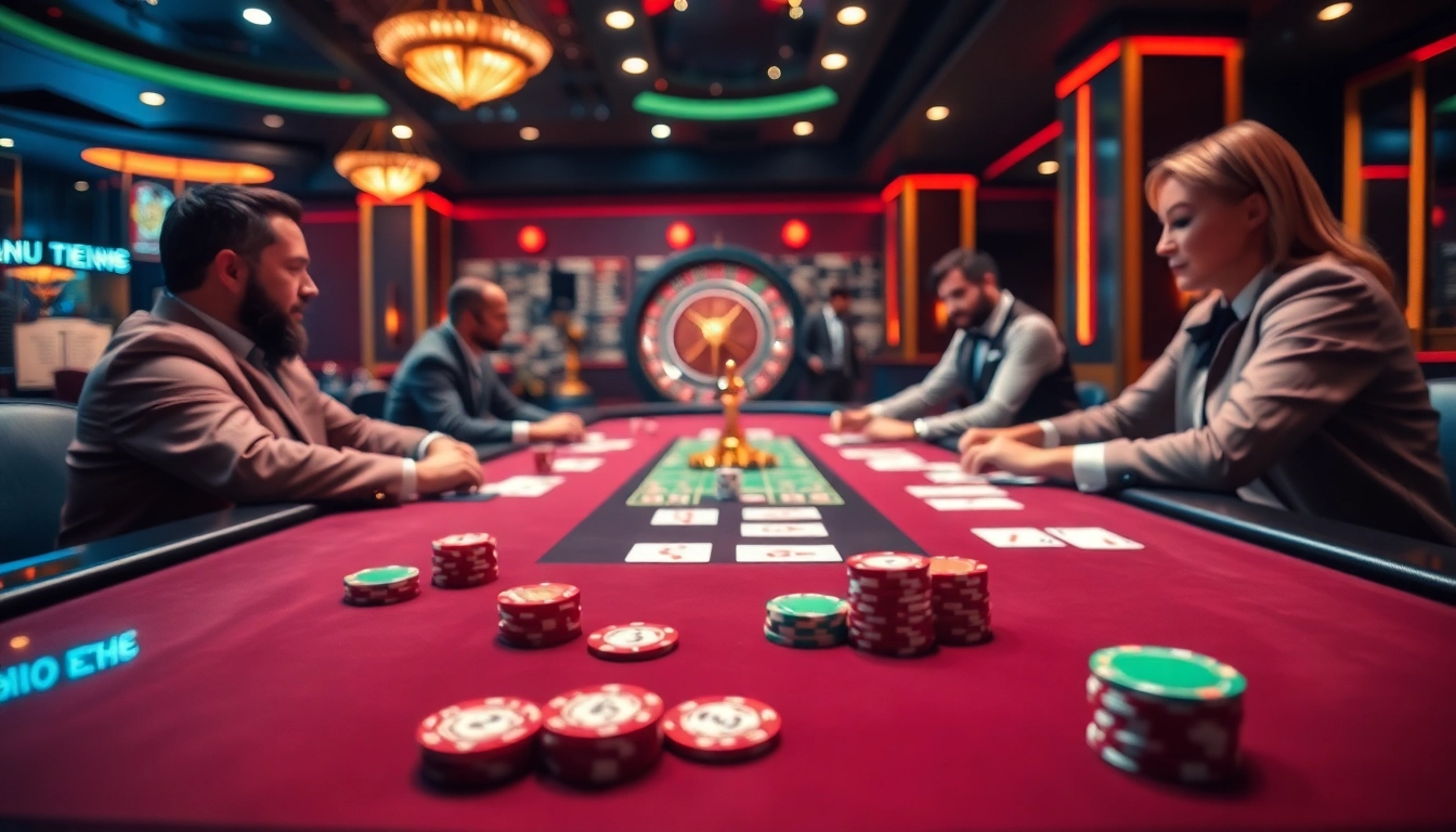 Engaging players at the qh88 poker table amidst an exciting casino atmosphere.