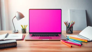 Engaging workspace scene with a pink screen displaying creative tools and warm lighting.