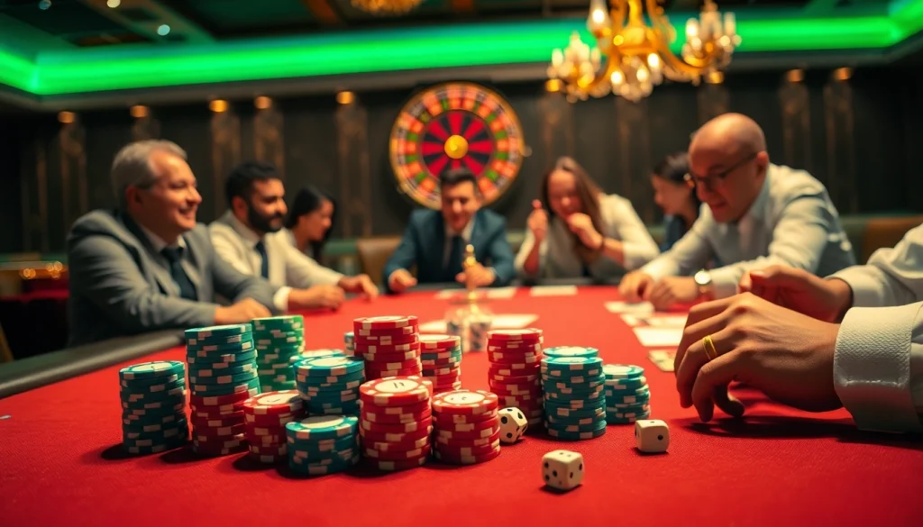 High-stakes poker game at an LC88 casino with vibrant poker chips and players focused on winning.