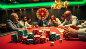 High-stakes poker game at an LC88 casino with vibrant poker chips and players focused on winning.