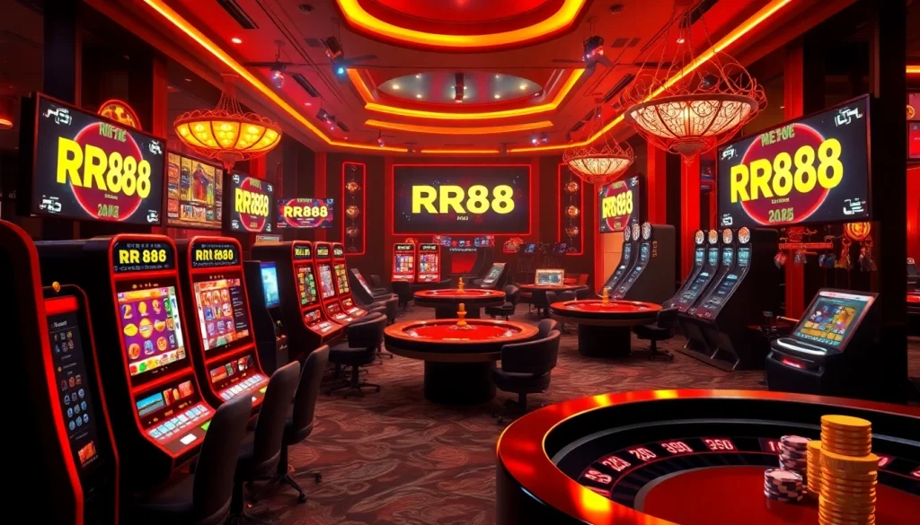 Players enjoying the exciting RR88 online casino experience with vibrant slot machines and poker tables.