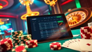 Engage with sbobet's exciting betting experience at a luxury casino with colorful poker chips and cards.