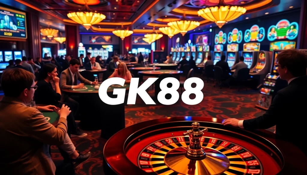 Experience thrilling gaming at GK88 with dynamic tables, poker chips, and slot machines.