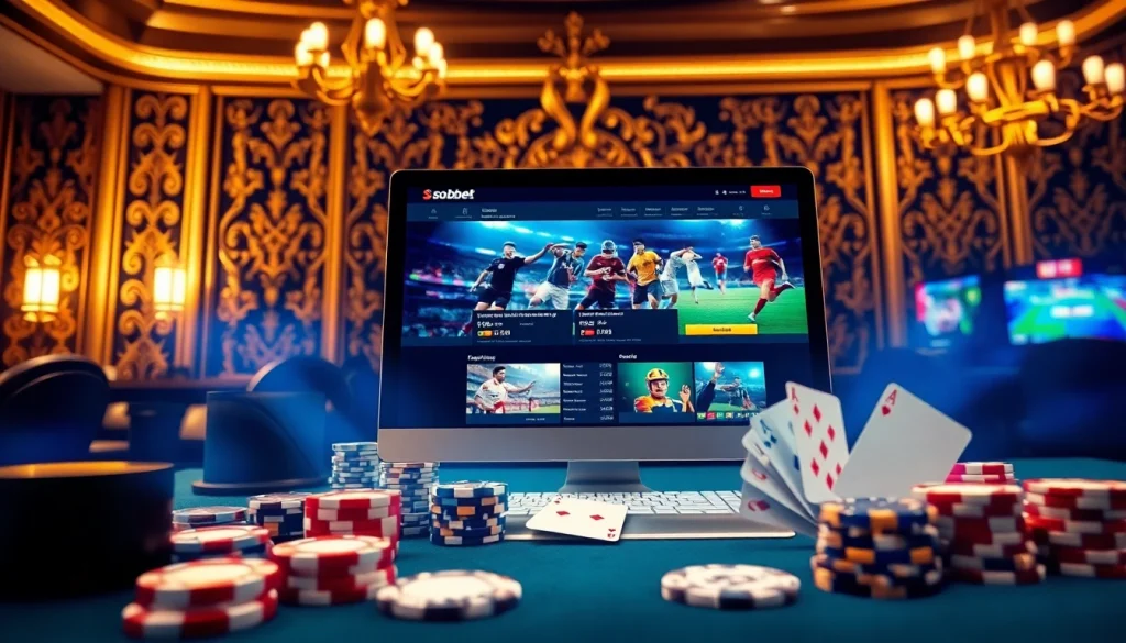 Experience the thrill of sbobet link alternatif in a luxurious online casino setting with vibrant sports betting visuals.