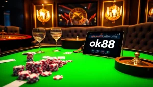 Experience thrilling games at ok88's luxurious casino table with vibrant poker chips and cards.