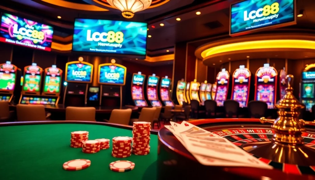 Experience the thrill of casino gaming at https://lc88.supply/ with poker chips and vibrant slot machines.