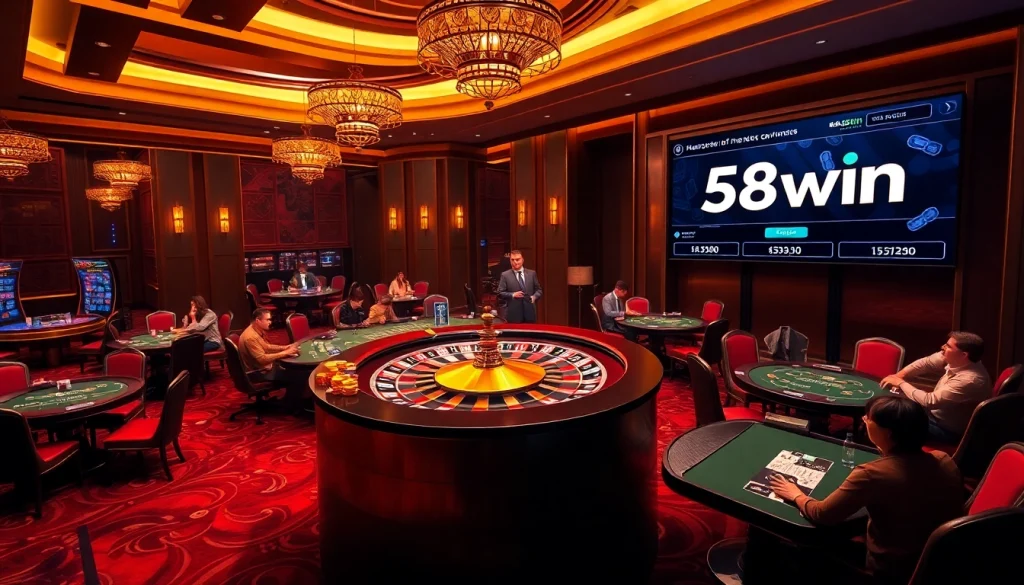A thrilling casino scene showcasing 58win with players at the roulette table, colorful chips, and a vibrant atmosphere.
