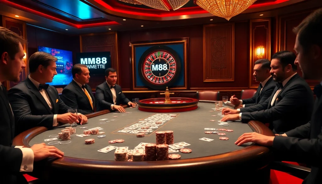 M88-themed poker game with luxurious table and engaged players in a vibrant casino atmosphere.