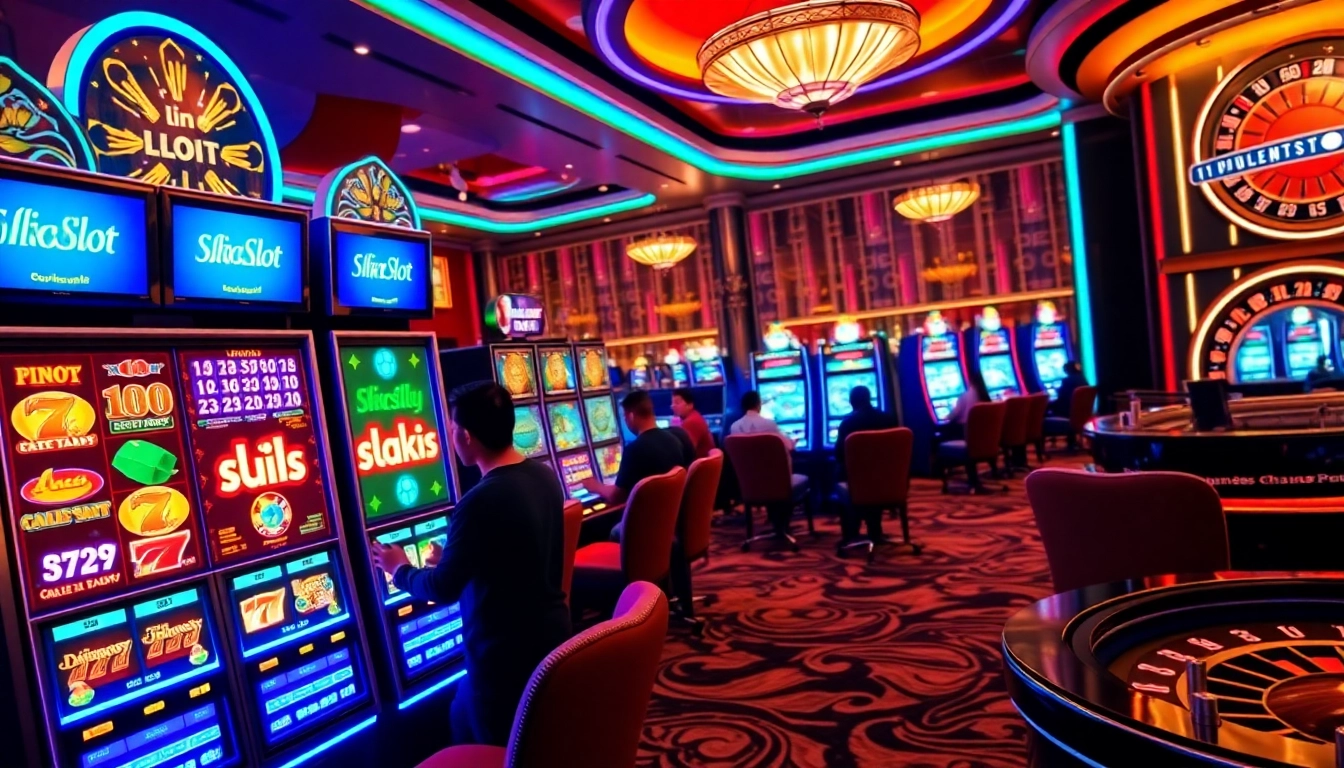 Players enjoying a vibrant casino experience at a slot machine featuring link slot pulsa.