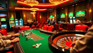 Action-packed poker game at LC88 Casino, showcasing vibrant chips and an exciting roulette wheel.
