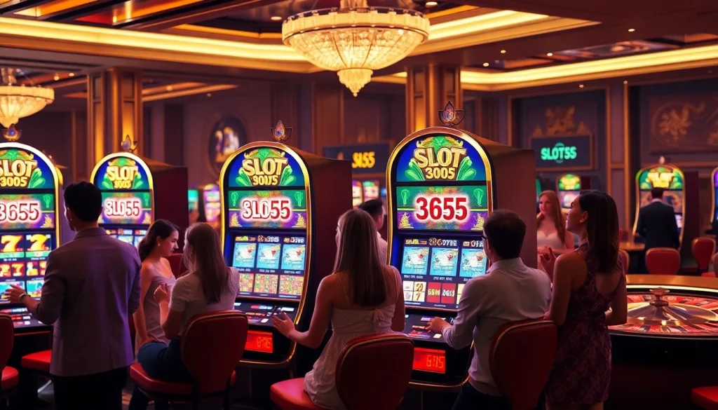 Play thrilling slot 365 games in a luxurious casino setting with vibrant machines and excited players.