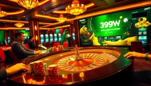 Exciting gambling scene with players engaging in roulette and poker at 399W casino.