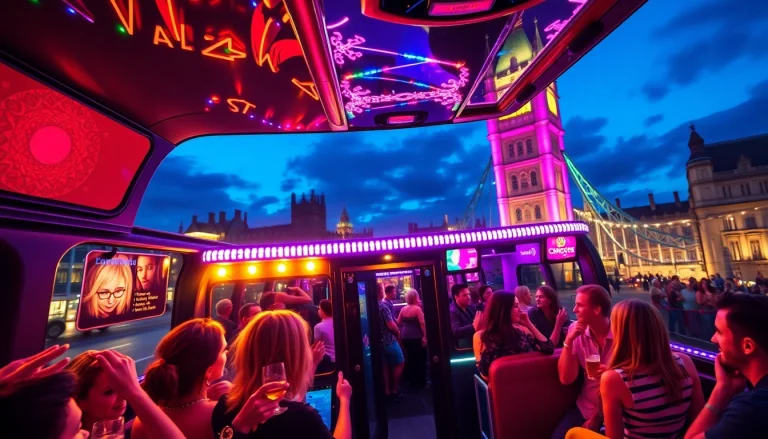 Exciting London party bus services with festive lighting against iconic landmarks.