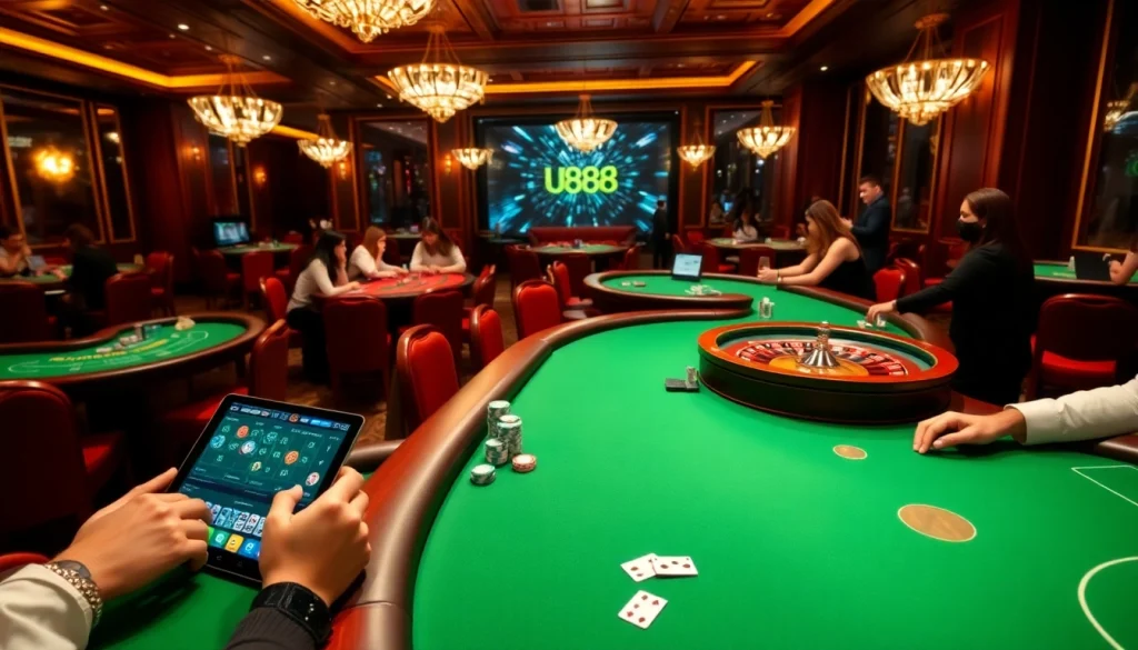 Players enjoying exciting games at u888 online casino with vibrant tables and luxurious decor.