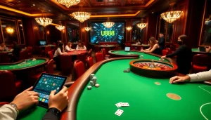 Players enjoying exciting games at u888 online casino with vibrant tables and luxurious decor.