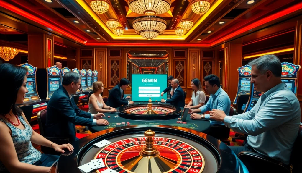 Gambling enthusiasts enjoying a vibrant casino atmosphere with 68win đăng nhập prominently displayed on screens.