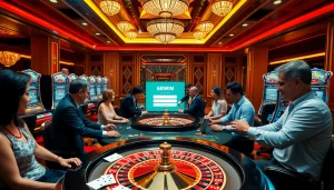 Gambling enthusiasts enjoying a vibrant casino atmosphere with 68win đăng nhập prominently displayed on screens.