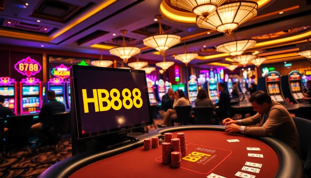 Players engaged at a poker table, showcasing HB88 in a vibrant casino setting with chips and cards.